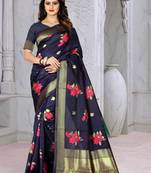 Navy Blue Woven Jacquard Saree With Blouse