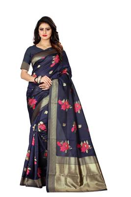 Navy Blue Woven Jacquard Saree With Blouse 2
