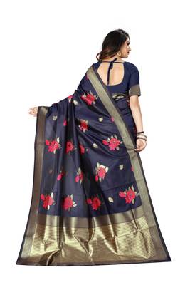 Navy Blue Woven Jacquard Saree With Blouse 4