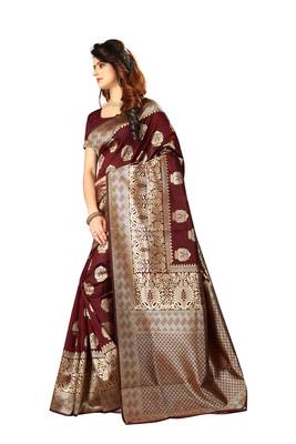 Maroon Woven Jacquard Saree With Blouse 2