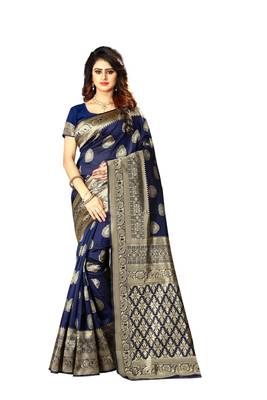Navy Blue Woven Jacquard Saree With Blouse 1