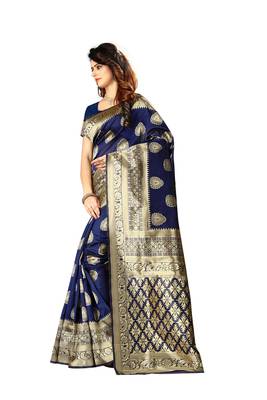 Navy Blue Woven Jacquard Saree With Blouse 2