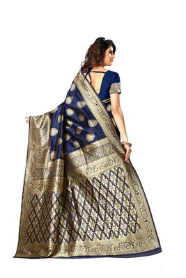 Navy Blue Woven Jacquard Saree With Blouse 3