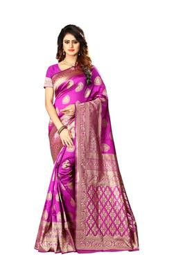 Rani Pink Woven Jacquard Saree With Blouse 1