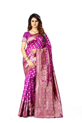 Rani pink woven jacquard saree with blouse 1