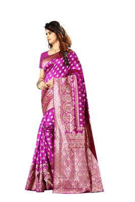 Rani pink woven jacquard saree with blouse 2