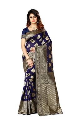 Navy Blue Woven Jacquard Saree With Blouse 1