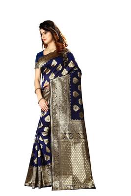 Navy Blue Woven Jacquard Saree With Blouse 2