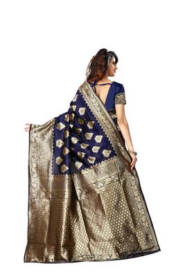 Navy Blue Woven Jacquard Saree With Blouse 3
