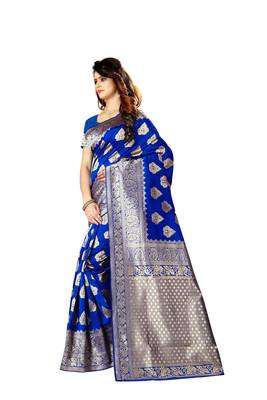 Royal Blue Woven Jacquard Saree With Blouse 2