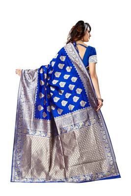 Royal Blue Woven Jacquard Saree With Blouse 3