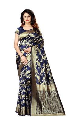 Navy blue woven jacquard saree with blouse 1