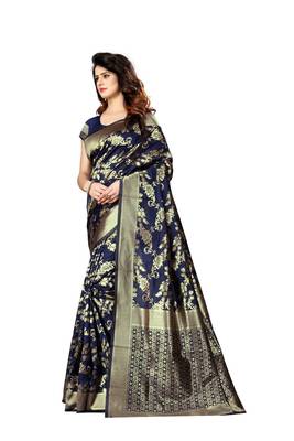 Navy blue woven jacquard saree with blouse 2