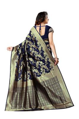 Navy blue woven jacquard saree with blouse 3