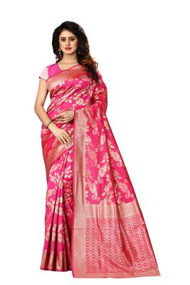 Rani pink woven jacquard saree with blouse 1