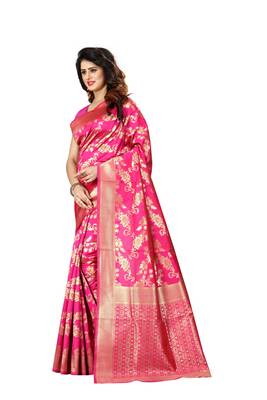 Rani pink woven jacquard saree with blouse 2