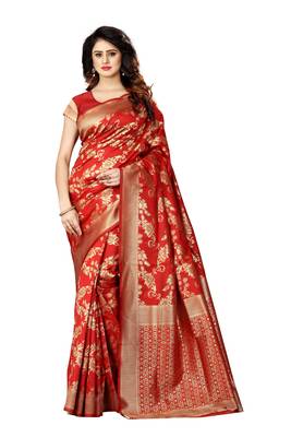 Red woven jacquard saree with blouse 1