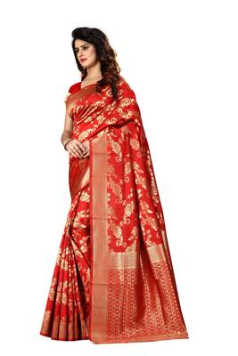 Red woven jacquard saree with blouse 2