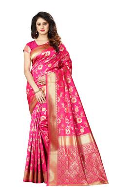 Rani Pink Woven Jacquard Saree With Blouse 1