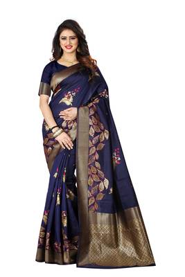 Navy Blue Woven Jacquard Saree With Blouse 1