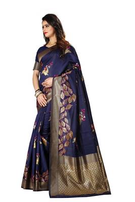 Navy Blue Woven Jacquard Saree With Blouse 2