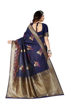 Navy Blue Woven Jacquard Saree With Blouse 3