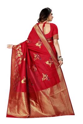 Red Woven Jacquard Saree With Blouse 3