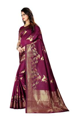 Wine Woven Jacquard Saree With Blouse 2