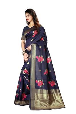 Navy Blue Woven Jacquard Saree With Blouse 2
