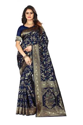 Navy Blue Woven Jacquard Saree With Blouse 1