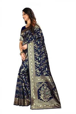 Navy Blue Woven Jacquard Saree With Blouse 2