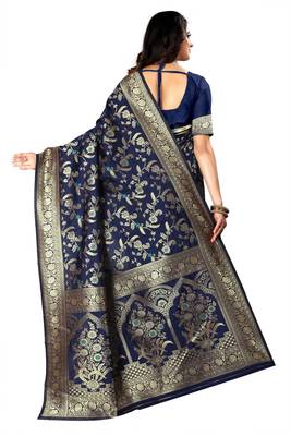Navy Blue Woven Jacquard Saree With Blouse 3