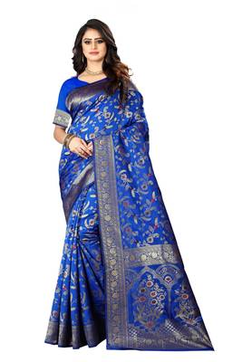 Royal Blue Woven Jacquard Saree With Blouse 1