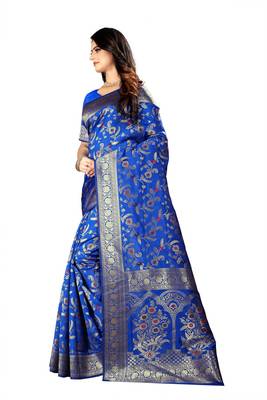 Royal Blue Woven Jacquard Saree With Blouse 2