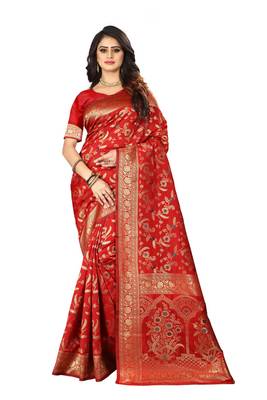 Red Woven Jacquard Saree With Blouse 1