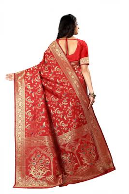 Red Woven Jacquard Saree With Blouse 3