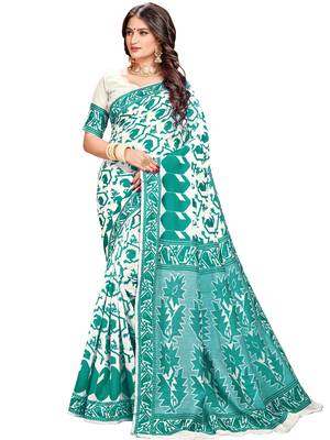 Green printed blended cotton saree with blouse 1