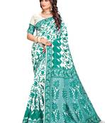 Green printed blended cotton saree with blouse