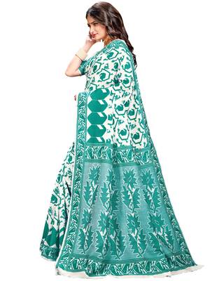 Green printed blended cotton saree with blouse 2