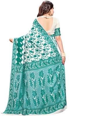 Green printed blended cotton saree with blouse 3