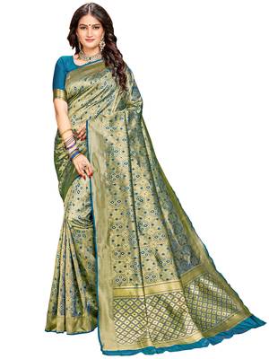 Green woven silk saree with blouse 1