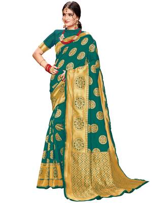 Green woven silk saree with blouse 1