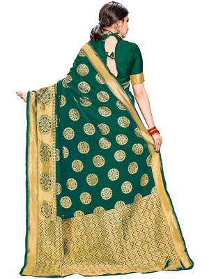 Green woven silk saree with blouse 3