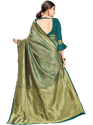 Green woven silk saree with blouse 3