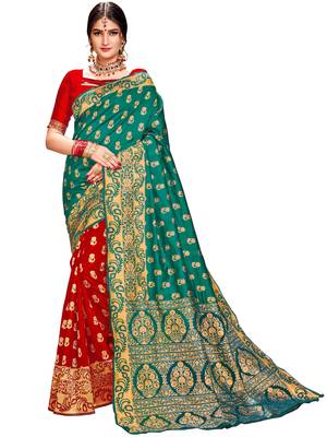 Green woven silk saree with blouse 1