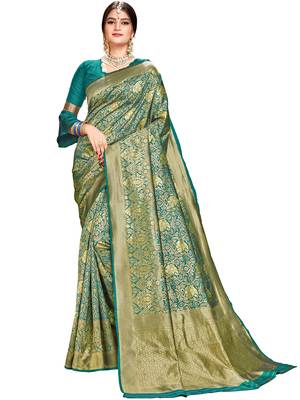 Green woven silk saree with blouse 1