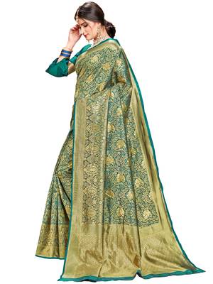 Green woven silk saree with blouse 2