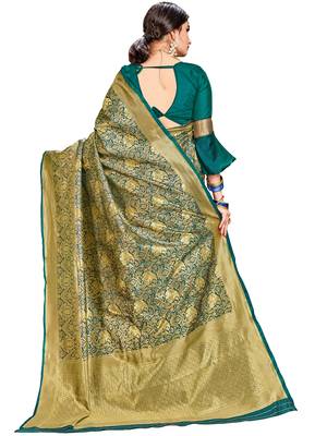 Green woven silk saree with blouse 3