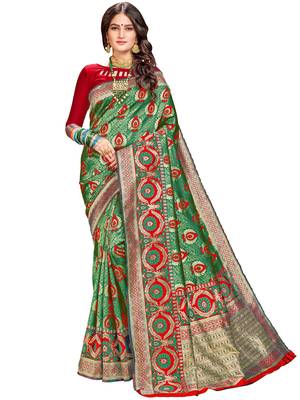 Green woven silk saree with blouse 1