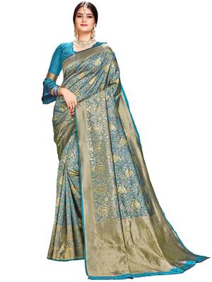 Green woven silk saree with blouse 1